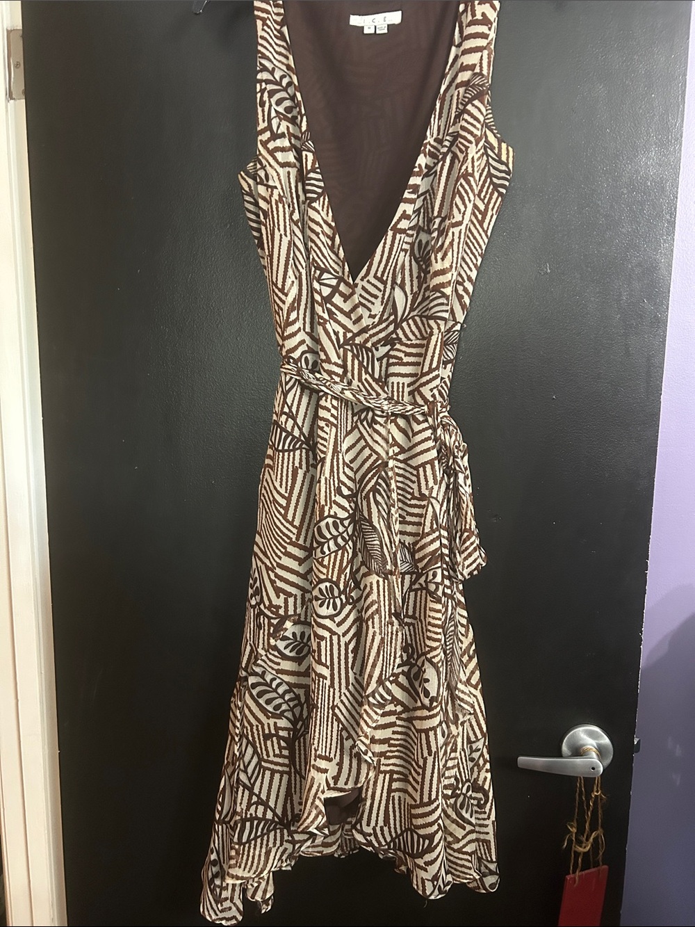 Brown Printed V-Neck Wrap Dress